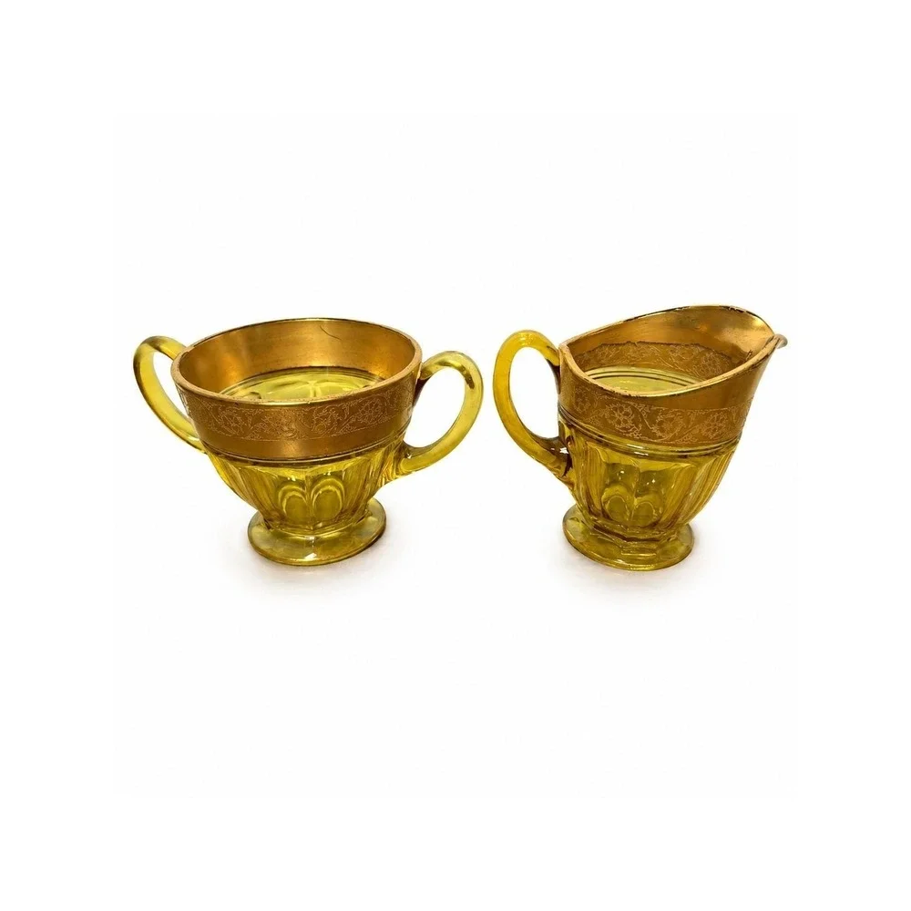 Vintage Amber Glass Creamer‎ Sugar Bowl Set Gold Encrusted Floral Pedestal